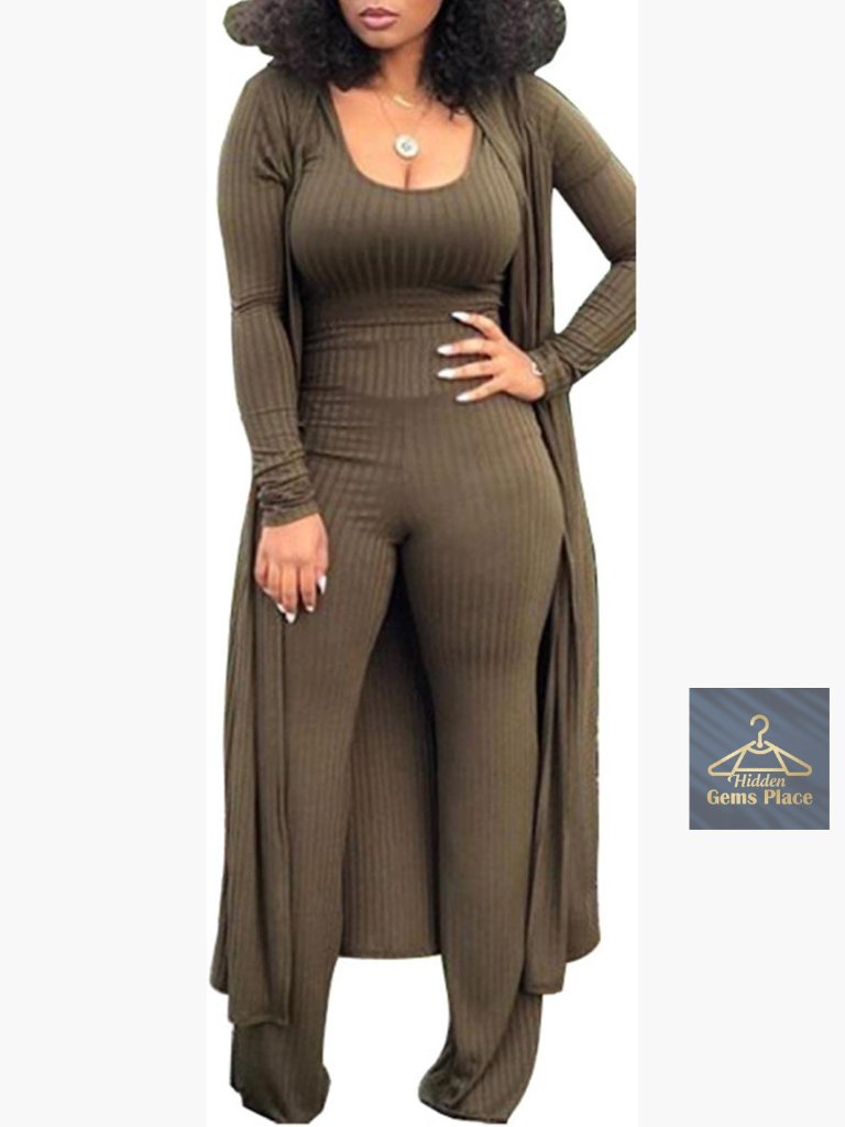3 Piece Knit Tracksuit Set Long Sleeve Blazer Crop Top Wide Leg Pants Lounge Set